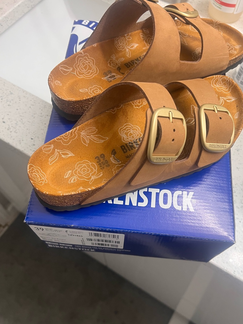 Birkenstock Tan Floral Footbed Arizona Sandals with Gold Buckles